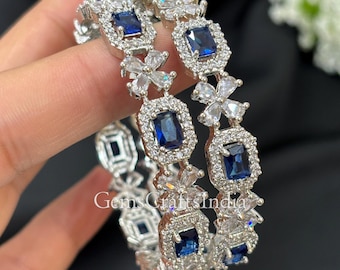 Blue CZ Diamond Bangles Set, 2 pcs American Diamond Bangles Bracelet, Cubic Zirconia Bangles, Indian Jewelry, Gift for her