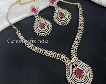 Gold-Finish Anhänger Set, Anhänger Ohrringe mit Kette, AD Anhänger Halskette, CZ Diamant Anhänger Halskette, Braut Hochzeitsschmuck, Geschenk für sie