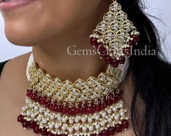 Bridal Kundan Necklace Set/Pearl Kundan Polki Choker Set/Indian Wedding Jewellery/Bollywood Gold Plated Jewellery With Earrings /Gif for her