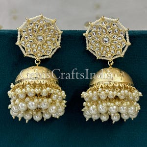 Indian Jhumki/Gold Plated Jhumka Earrings/Pearl Jhumkas/Bollywood Earrings/ Handmade Pearl Kundan Earrings for Women/Girls/ Gift for her