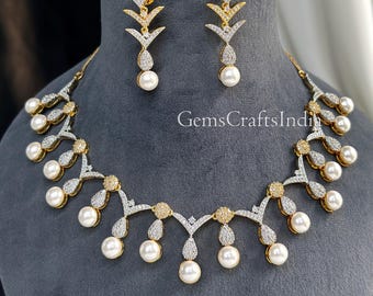 American diamond Choker Necklace/ CZ Choker Set/ Gold Two-Tone Necklace/Bridal Necklace/Indian Wedding Jewelry/ Gift for Her