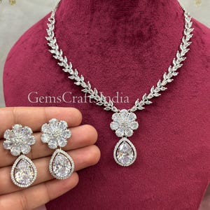CZ Diamond Emerald Green Necklace Set/Cubic Zirconia Necklace Set/Silver Finish AD jewelry Set/Indian Bridal Choker Necklace/Gift for her