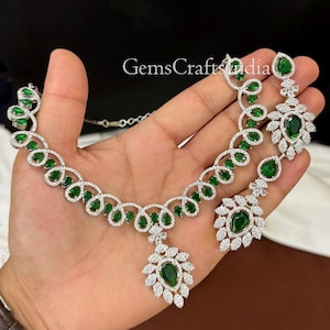 American diamond Necklace Earring Set/CZ Green Diamond Necklace Set/Indian Bridal Necklace/Pakistani Jewelry/Pearl Green Stone Necklace Set/