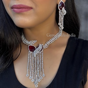 American Diamond Necklace Earrings Set/ Indian Silver Finish AD Necklace Set/CZ Necklace / Statement jewellery/Wedding Jewelry/Gift for her