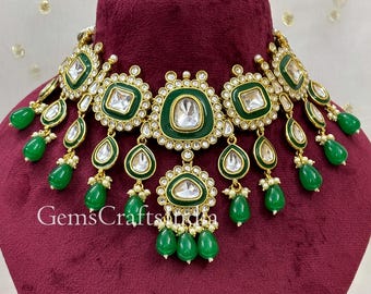 Kundan Halsband Set/Brudhalsband Smyckeset/Pärl Kundan Choker Set/Indiska Smycken/Bröllopssmycken med Örhängen Tikka/Gift för henne
