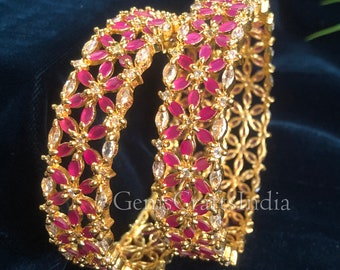Indian Golden American Diamond Bangles/Bracelet/Gold Plated Bangle/Cubic Zirconia Bridal Wedding Bangles Jewelry for Women Pack of 2 pcs