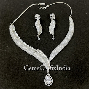 CZ Necklace Set/American Diamond Necklace Set/Indian Silver Finish Necklace Set/Indian Jewelry Set/Wedding/Bridal Jewelry Set/Gift for her