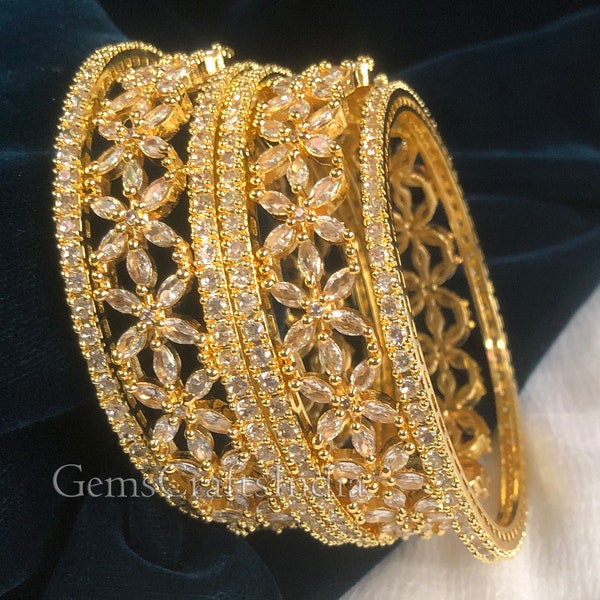 Brazaletes CZ de oro indio/brazalete de diamantes americanos/brazaletes de circonio cúbico, brazalete de piedra CZ/boda india/joyería nupcial Conjunto de 6 piezas