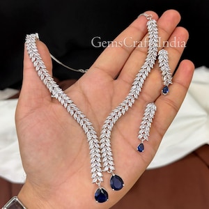 Silver Finish AD Necklace Set/CZ Blue Diamond Necklace/Indian American Diamond Necklace Earrings Set / Statement jewel1ry/Wedding Jewelry