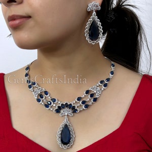 Silver Finish CZ Pendent Necklace Set/ American Diamond Necklace Set / Indian jewelry/AD Bridal Set/ Asian Wedding Jewelry/Gift for her
