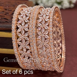 Rose Gold Bangles Bracelet, American Diamond Bangle, CZ Diamond bangle, Indian Bangles, Indian wedding Jewelry, bridal bangle Set of 6 pcs