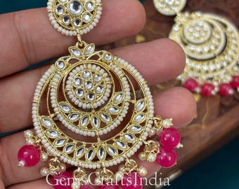 Indian earrings/Wedding Earrings/ Chandelier pearl beads earrings Traditional/Bridal earrings for Women/Rani Kundan earrings Gift for her