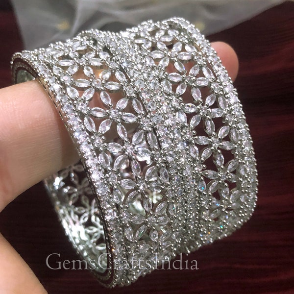 Silver American Diamond Bangle/Bracelet Indian Jewelry/Silver Finish Bridal Bracelet Indian Jewelry Cubic Zirconia Bangles/Pack of 6 Pcs