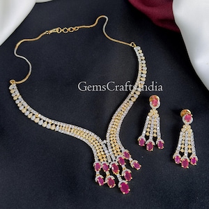 Conjunto de collar y gargantilla de circonita cúbica dorada, joyería nupcial india, regalo para ella.