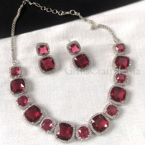 American Diamond Choker Necklace Set Silver Finish Ruby CZ Necklace AD Choker Victorian Choker/Statement Wedding Women Jewelry/Gift for her