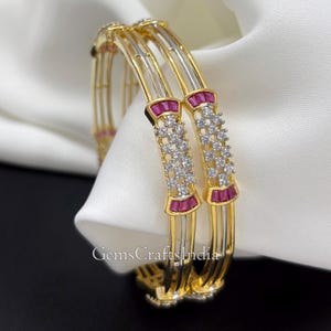 Golden CZ Bangles/ American Diamond Bangle Set/Indian Ruby Bangles/ Wedding Bangles/ Pack of 2 pcs