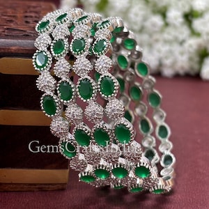 Indian American Diamond/CZ Bangles/Green Emerald Diamond Silver Plated Bangle/Bracelet/Indian Wedding/Bridal Jewelry for Women Pack of 4