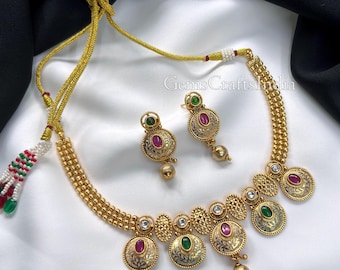 Choker Necklace Set, Gold Plated Necklace, South Indian jewellery, Polki Necklace with Earring, Indian Bridal Jewelry, Gift for her