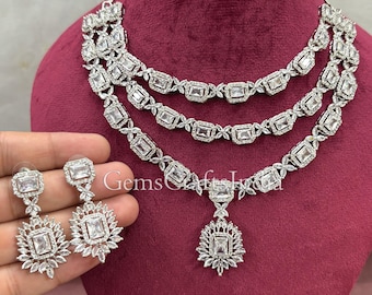 American diamond Necklace Set/ CZ Diamond Necklace/ Silver Finish AD Bridal Choker/Indian Wedding Jewelry for Women/ Bridesmaid Gift for Her