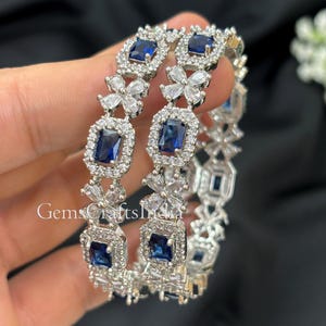 Indian Silver American Diamond/CZ Bangles/ Blue Emerald Diamond Silver Bangle/ Set Of 2 CZ Diamond Bangles/ Cubic Zirconia Bangles Jewelry