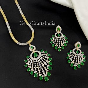 CZ Diamond Pendant Necklace, Pendant Necklace Set, Gold Plated Pendant Earrings with Chain, Indian Dual Tone AD Pendant Set, Gift for her