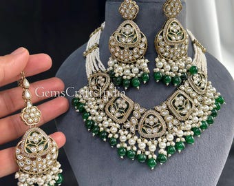 Kundan Necklace Set, Gold Plated Bridal Necklace Earrings, Polki Jewelry, Antique Gold Statement Set, Wedding Necklace, Gift for her,