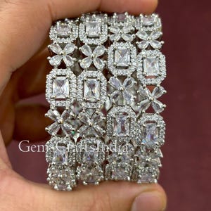 Indian Silver American Diamond/CZ Bangles/ White Emerald Diamond Silver Bangle/ Set Of 4 CZ Diamond Bangles/ Cubic Zirconia Bangles Jewelry