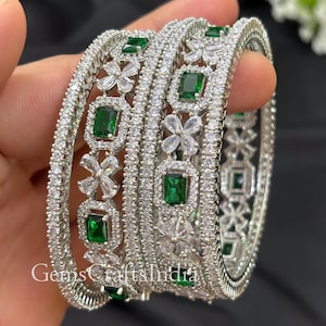 Green Emerald Diamond Silver Bangle/CZ Diamond Bangles/Indian Silver American Diamond Bangles/ Bridal Bangles/Wedding Jewelry/ Set of 6 pcs