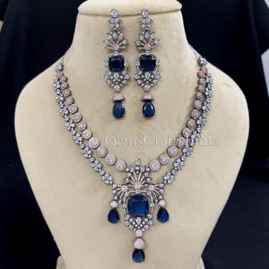Indian Victorian Finish AD Necklace/ CZ Necklace/ American Diamond Necklace Earrings Set / Statement jewellery/Wedding Jewelry/Gift for her