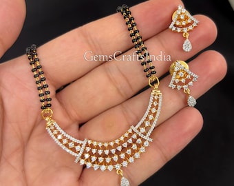 Mangalsutra de circonitas cúbicas, mangalsutra largo chapado en oro, mangalsutra de cuentas negras, joyería india, collar nupcial de diamantes de imitación, joyería de boda, regalo para ella