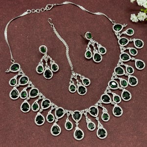 Silver Necklace Set, CZ Wedding Choker Necklace, American diamond Necklace Set, Bridal Jewelry, Indian Jewelry, Bridesmaid Green Necklace