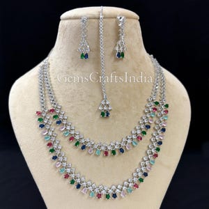 CZ Silver Necklace Set, Bridal Jewelry/Multi Wedding Choker Necklace, American diamond Necklace Set, Indian Jewelry, Double Layer  Necklace