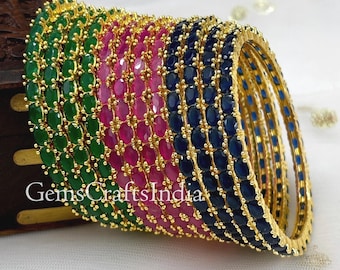 Ruby Gold Diamond Bangle Bracelet/Traditional Bangle/ Wedding bangle/Indian Jewelry/CZ Stone Diamond Bangle Set/ Gift for her/ Set of 4