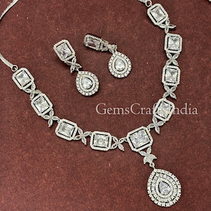 CZ Diamond Necklace Set/Cubic Zirconia Necklace Set/Silver Finish AD Necklace/Wedding Jewelry Set/Indian Bridal Choker Necklace/Gift for her