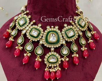 Kundan Halsband Set/Brudhalsband Smyckeset/Pärl Kundan Choker Set/Indiska Smycken/Bröllopssmycken med Örhängen Tikka/Gift för henne