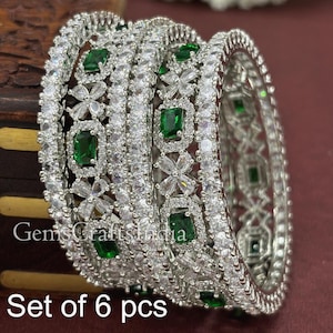 CZ Diamond Bangles/Indian Silver American Diamond Bangles/Green Emerald Diamond Silver Bangle/ Cubic Zirconia Bangles Jewelry/ Set of 6 pcs