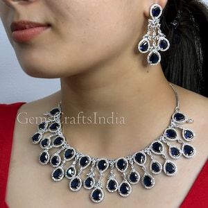 Silver Necklace Set, CZ Wedding Choker Necklace, American diamond Necklace Set, Bridal Jewelry, Indian Jewelry, Bridesmaid Green Necklace
