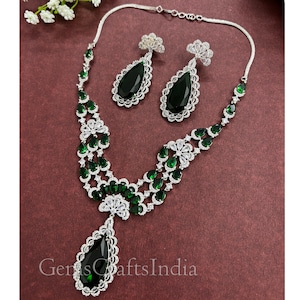 Silver Finish CZ Pendent Necklace Set/ American Diamond Necklace Set / Indian jewelry/AD Bridal Set/ Asian Wedding Jewelry/Gift for her