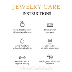 May include: Jewelry care instructions with icons depicting how to avoid contact with sprays and lotions, remove when sleeping, avoid moisture, store in an airtight box or bag, remove before physical activity, and polish gently with a soft dry cloth.