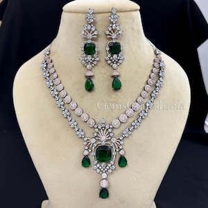 Indian Victorian Finish AD Necklace/ CZ Necklace/ American Diamond Necklace Earrings Set / Statement jewellery/Wedding Jewelry/Gift for her
