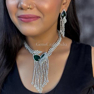 American Diamond Necklace Earrings Set/ Indian Silver Finish AD Necklace Set/CZ Necklace / Statement jewellery/Wedding Jewelry/Gift for her
