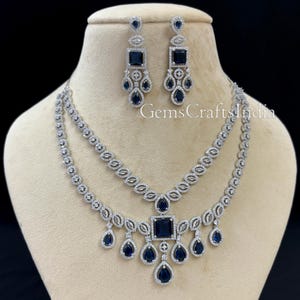 CZ Blue Diamond Necklace Set/American diamond Necklace Earring Set/Indian Bridal Necklace/Pakistani Jewelry/Blue Pearl Stone Necklace Set