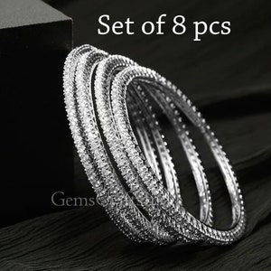 Indian Silver American Diamond Bangles/ Diamond Silver Bangle/ Set Of 8 CZ Diamond Bangles/ Cubic Zirconia Bangles Jewelry for Women / Girls