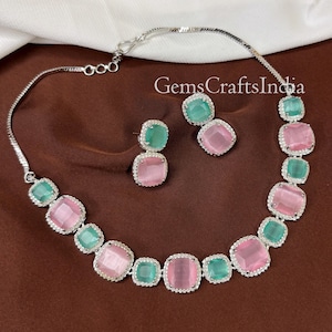 CZ Diamond Choker Necklace Set/Mint Pink Diamond Necklace Set/American diamond/Emerald CZ Stone Necklace/Wedding/Bridal Jewelry/Gift for her
