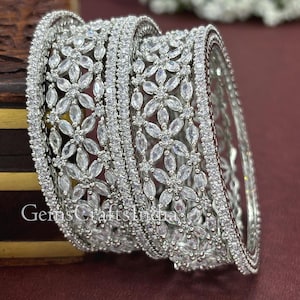 Silver American Diamond Bangle Bracelet/ Indian CZ Jewelry/Silver Finish Bridal Bracelet/Indian Jewelry Cubic Zirconia Bangles/Pack of 6 Pcs