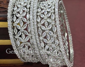 Silver American Diamond Bangle Bracelet/ Indian CZ Jewelry/Silver Finish Bridal Bracelet/Indian Jewelry Cubic Zirconia Bangles/Pack of 6 Pcs