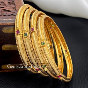 Bracelets joncs polki churi plaqués or, churi dorés antiques, bijoux cadeau de mariage indien, lot de 4 pcs