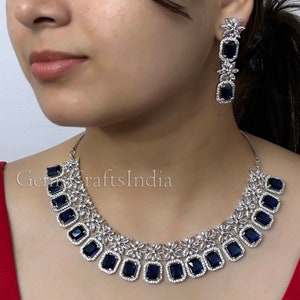 American Diamond Choker Necklace Set/ Silver Finish CZ Choker Necklace Set / Indian jewelry/AD Bridal Set/ Wedding Jewelry/Gift for her