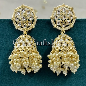 Gold Plated Jhumka Earrings/Pearl Jhumkas/Bollywood Earrings/Indian Jhumki/ Handmade Pearl Kundan Earrings for Women/Girls/ Gift for her