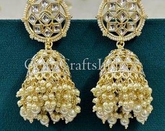 Gold Plated Jhumka Earrings/Pearl Jhumkas/Bollywood Earrings/Indian Jhumki/ Handmade Pearl Kundan Earrings for Women/Girls/ Gift for her